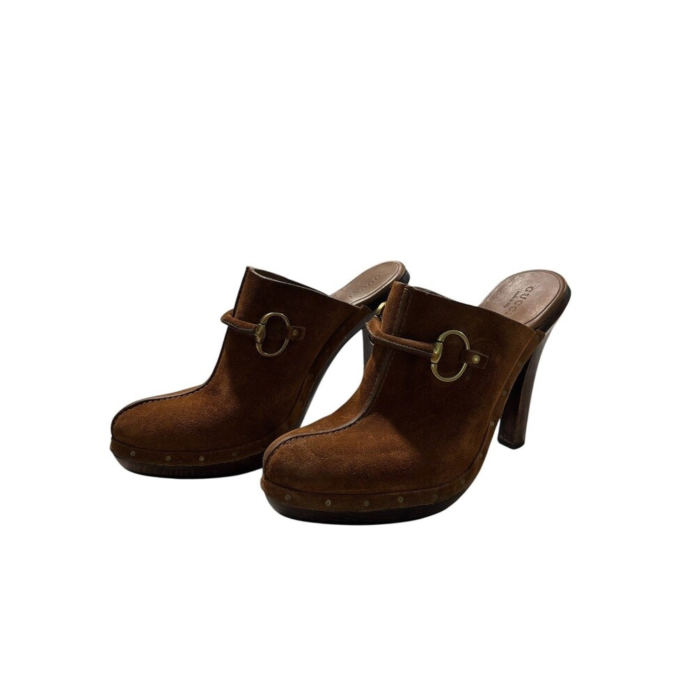 Y2K Gucci Brown Suede Horsebit Platform Mule Clogs Heels Size 7.5 Made in Italy - Picture 1 of 13